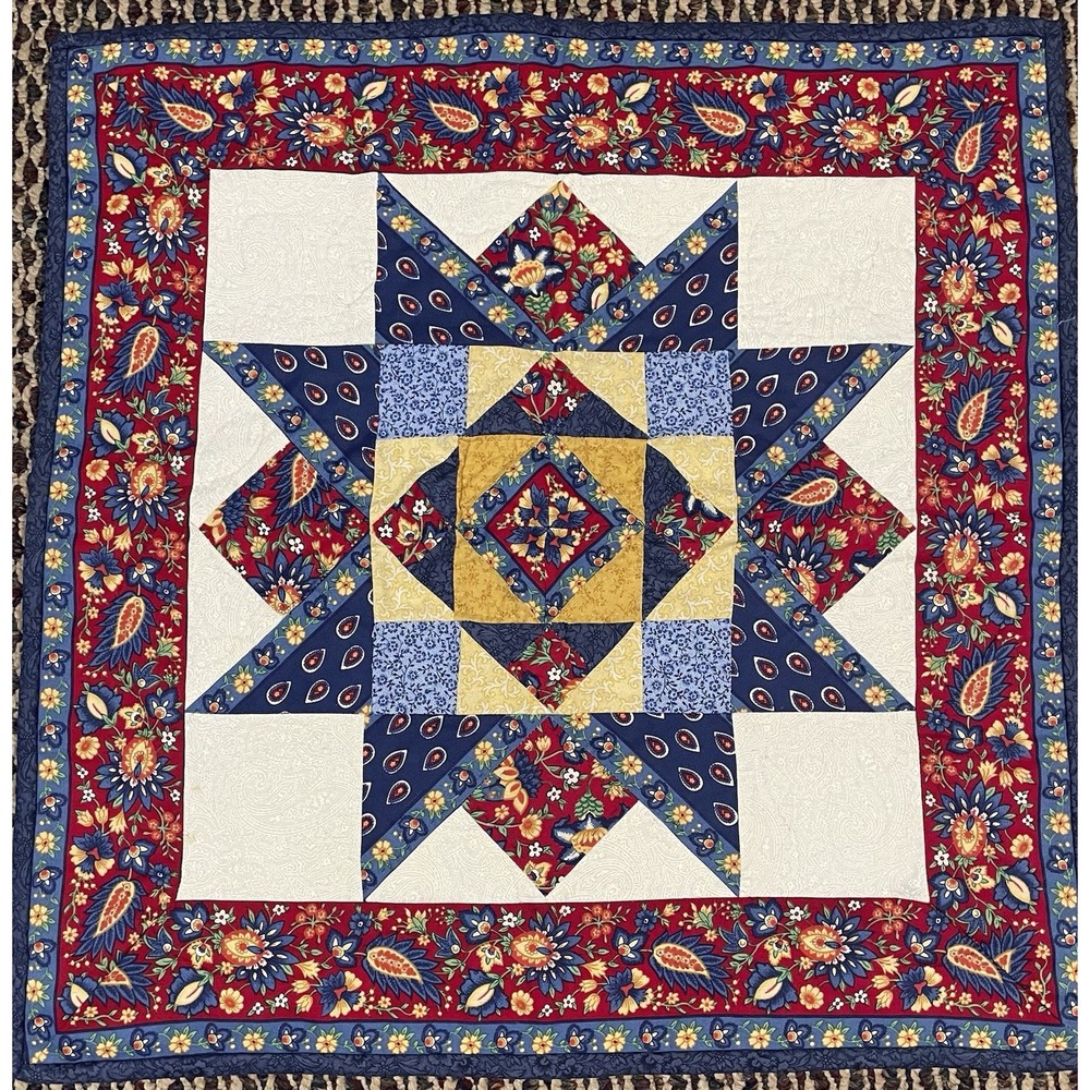 Handmade Star Quilt Wall Hanging Table Topper Blue 23" Sq Paisley Floral Quilted